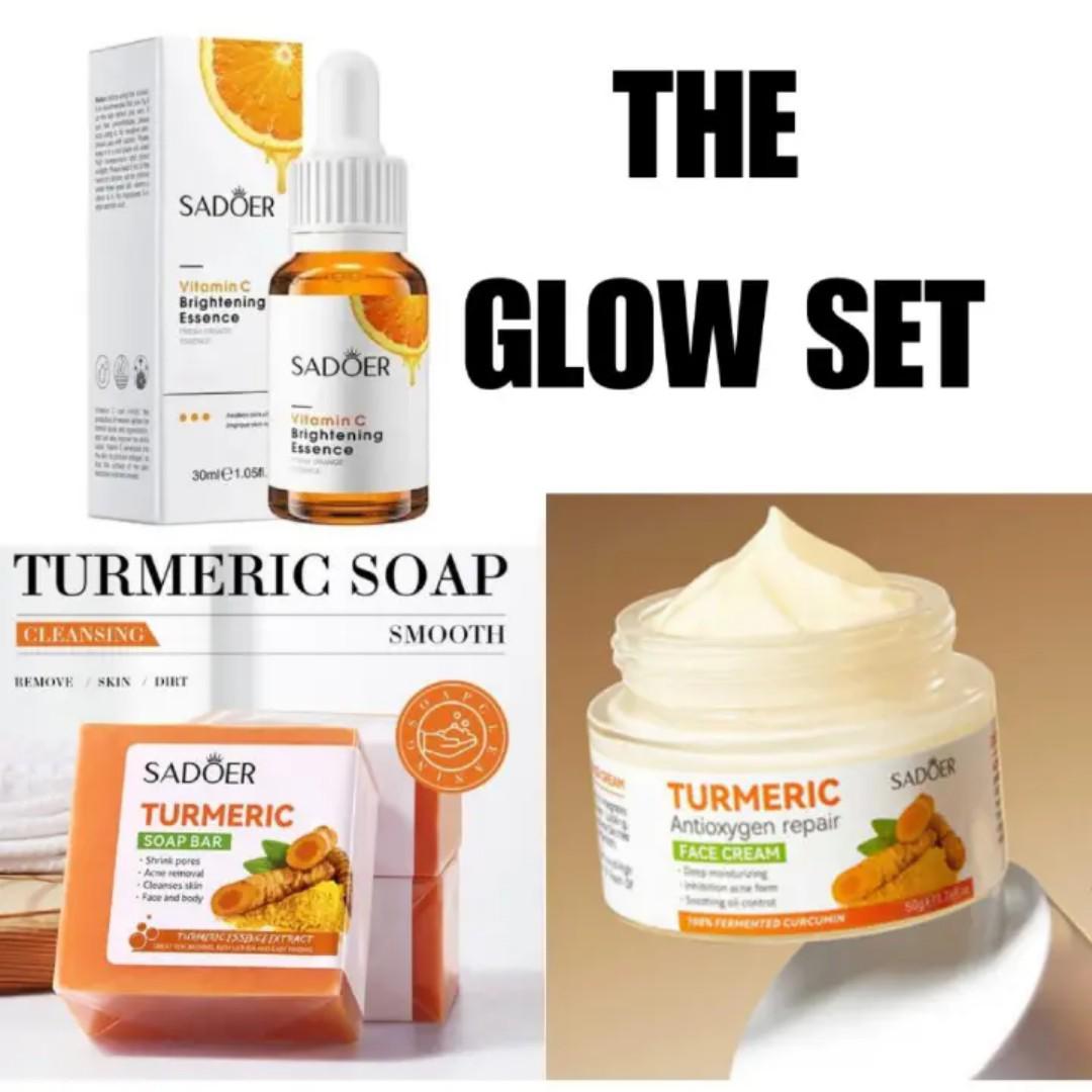 SADOER 3 In 1 The Glow Set Kit + Vitamin C Brightening Serum +Turmeric Cream + Moisturizing Tumeric Repair Serum