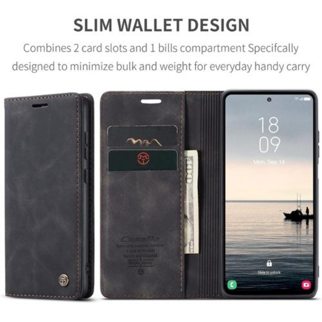 Caseme Black Wallet Retro Leather Kickstand Flip Case All-Round Protection Cover Case For Samsung Galaxy A15,A25,A55,A50,A20,A30,A53,A52,M33