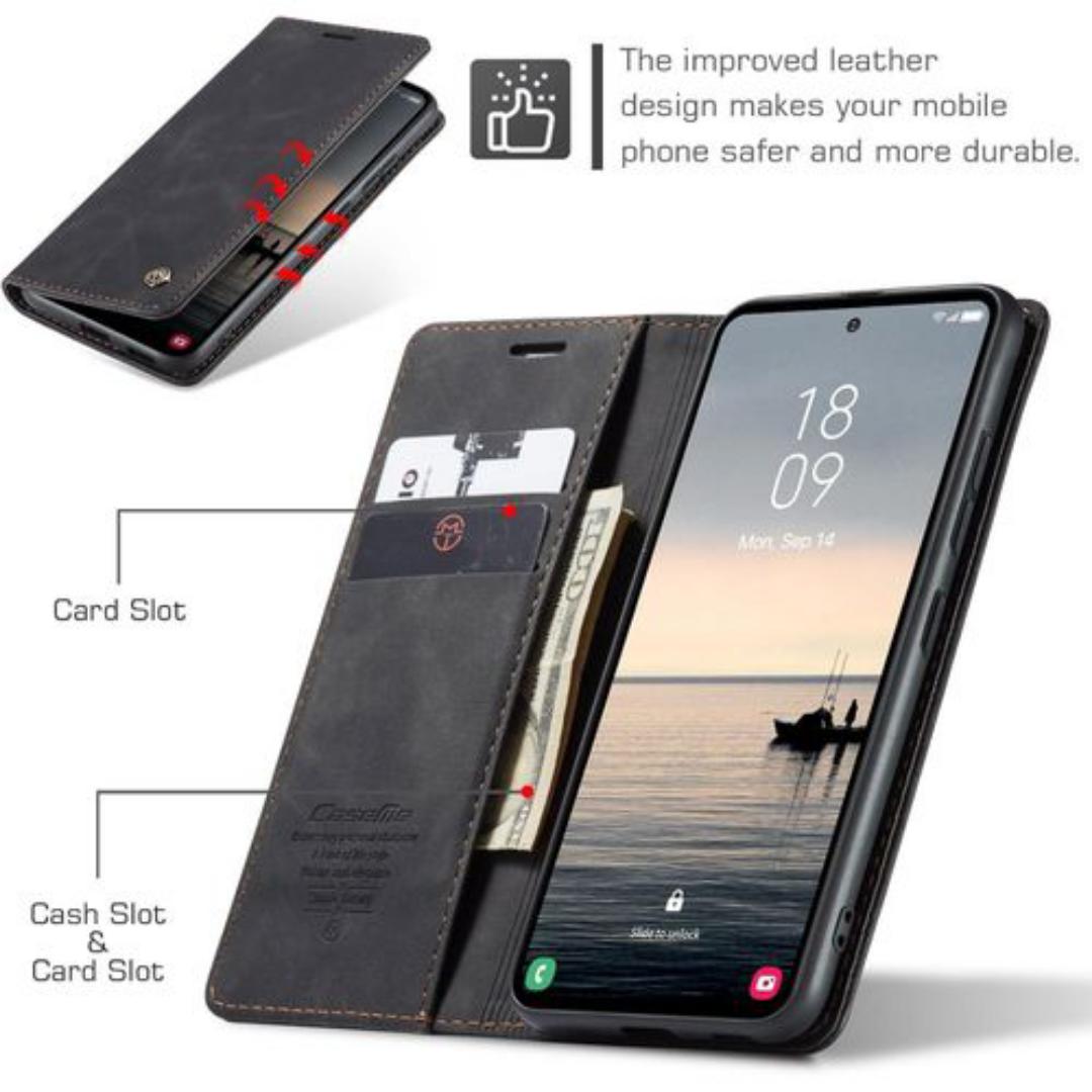 Caseme Black Wallet Retro Leather Kickstand Flip Case All-Round Protection Cover Case For Samsung Galaxy A15,A25,A55,A50,A20,A30,A53,A52,M33