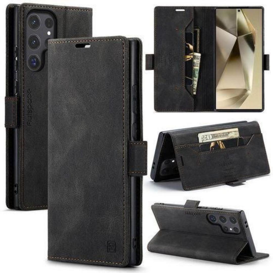 Caseme Wallet Black Retro Leather Flip All-Round Protection Cover Case For Samsung Galaxy S25 Ultra
