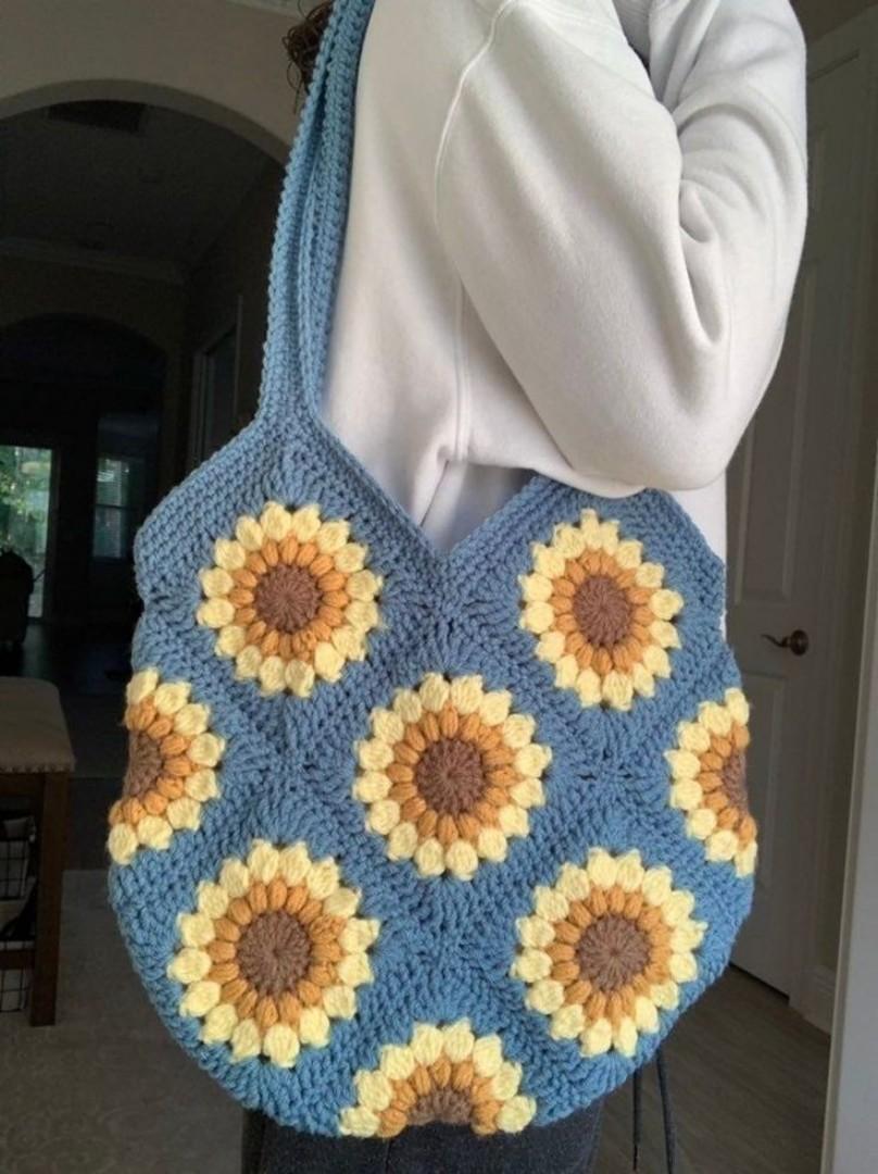 CROCHET KNIT FLOWER TOTE BAG