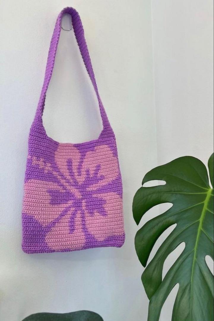 HIBISCUS FLOWER TOTE BAG CROCHET KNIT PURSE