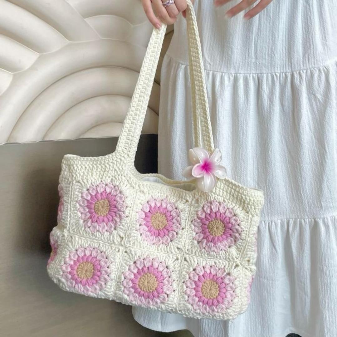 PINK AND WHITE FLOWER CROCHET TOTE SHOULDER BAG