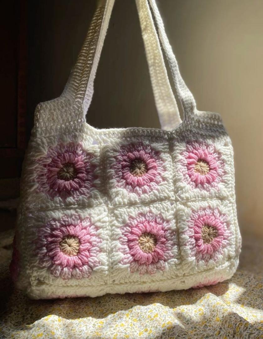 PINK AND WHITE FLOWER CROCHET TOTE SHOULDER BAG