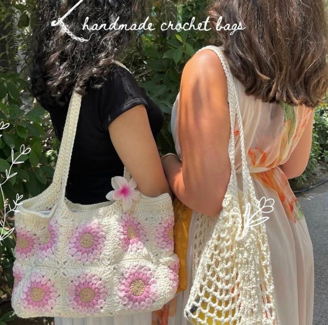 PINK AND WHITE FLOWER CROCHET TOTE SHOULDER BAG