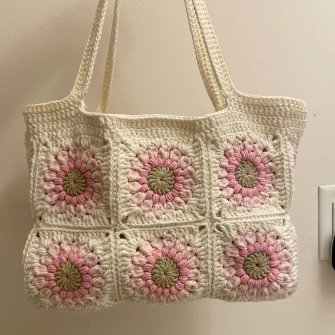 PINK AND WHITE FLOWER CROCHET TOTE SHOULDER BAG