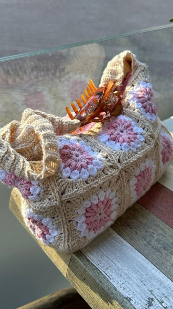 PINK AND WHITE FLOWER CROCHET TOTE SHOULDER BAG