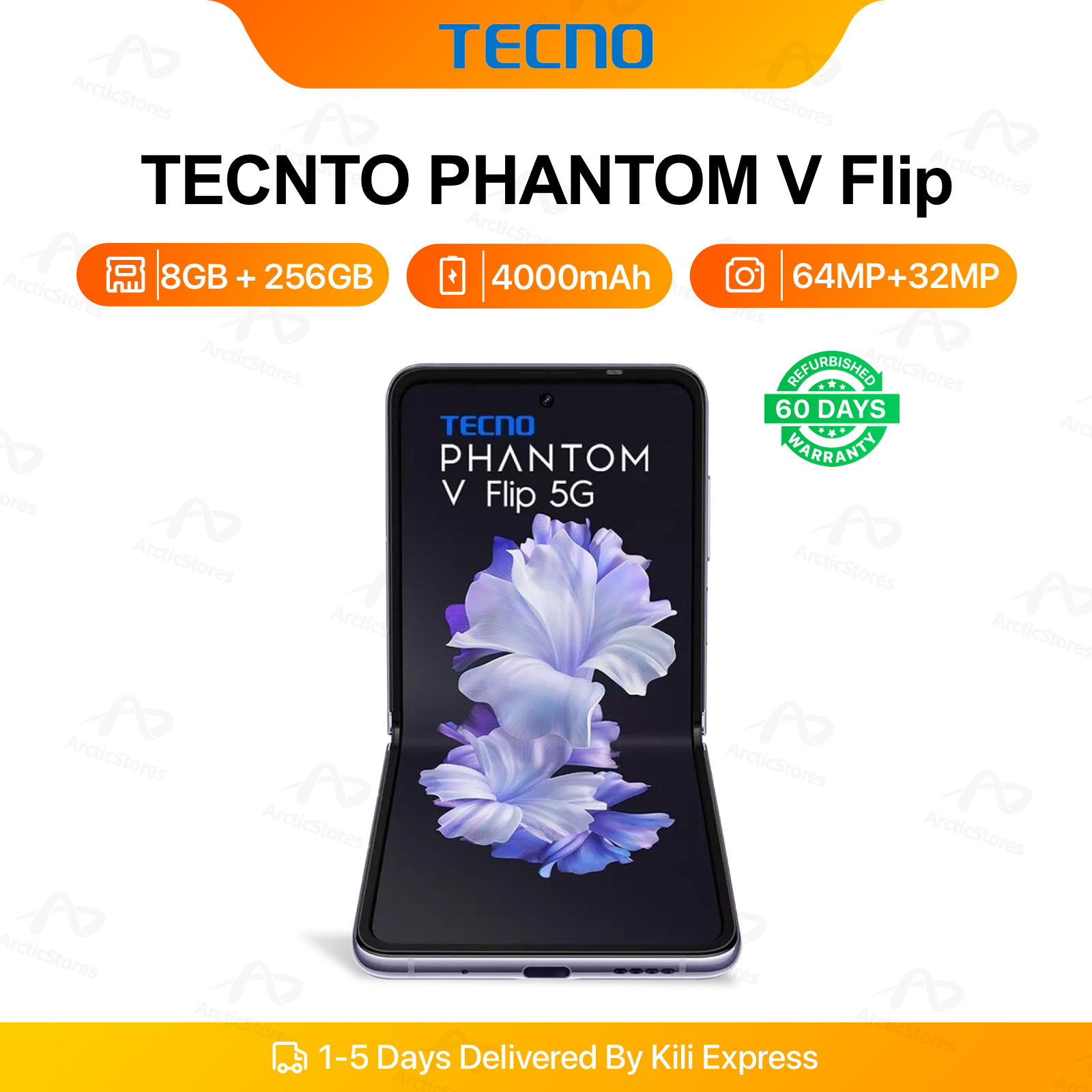 Refurbished Tecno PHANTOM V Flip 256GB ROM 8GB RAM Dual SIM 5G Network 64MP AI Camera 6.9" HD+ 120HZ Refresh Rate Screen Phones Smart Phones