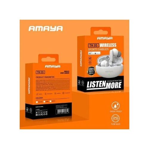 New Amaya TK-05 Wireless Sports Earbuds – Bluetooth 5.0, Sweatproof, Lightweight -- White
