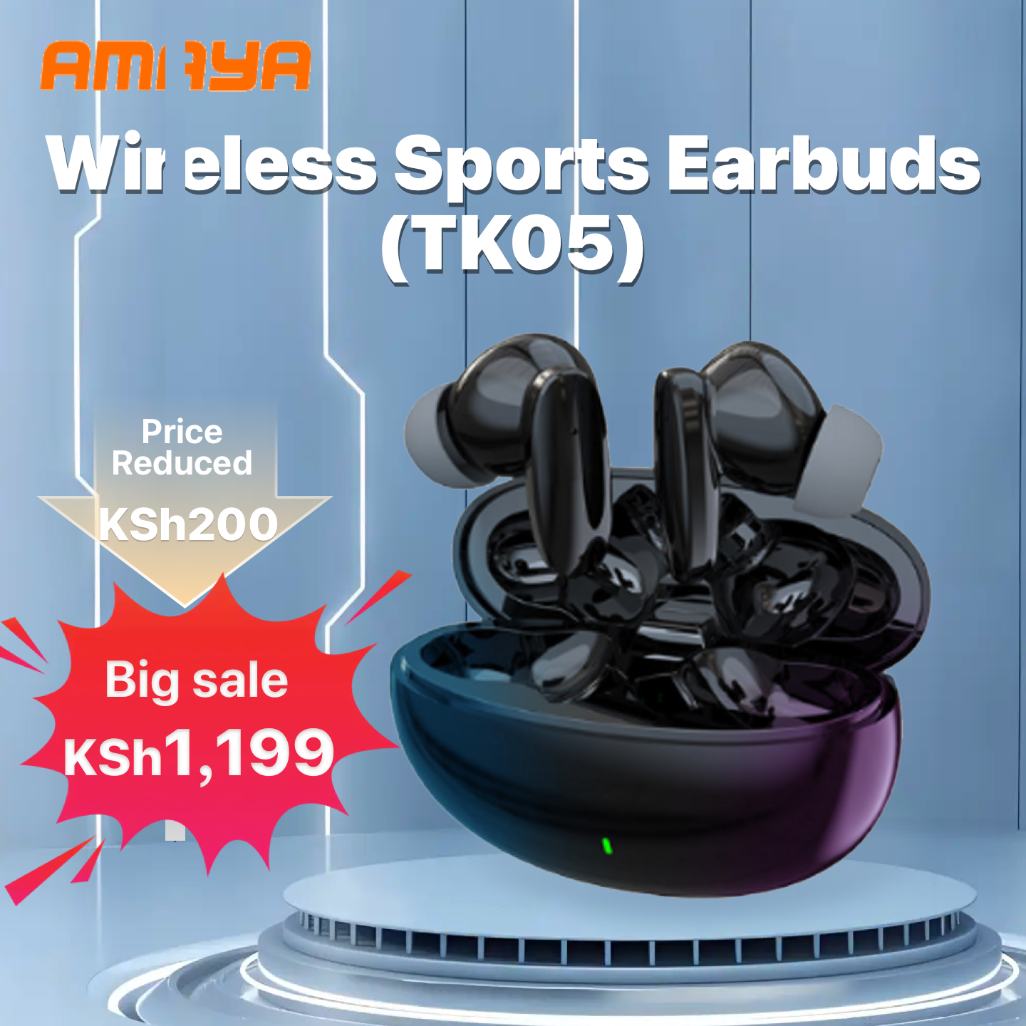 New Amaya TK-05 Wireless Sports Earbuds – Bluetooth 5.0, Sweatproof, Lightweight -- White