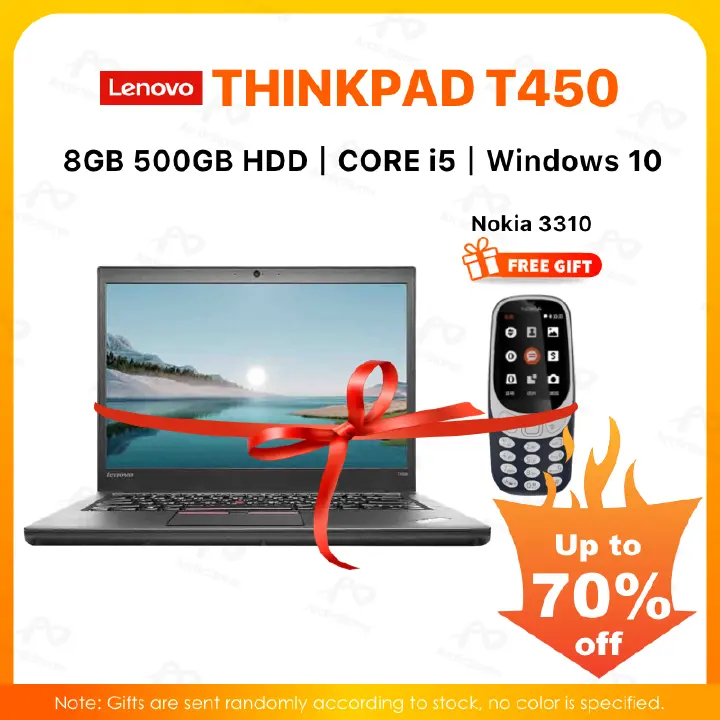 【Buy 1 Get 1 Nokia 3310 Free】 Lenovo Think Pad T450 NOKIA 3310 Intel core i5 8GB RAM + 500GB HDD Laptop 5th Gen 14" inch Display Refurbished Notebook Computer Windows Office + NOKIA 3310