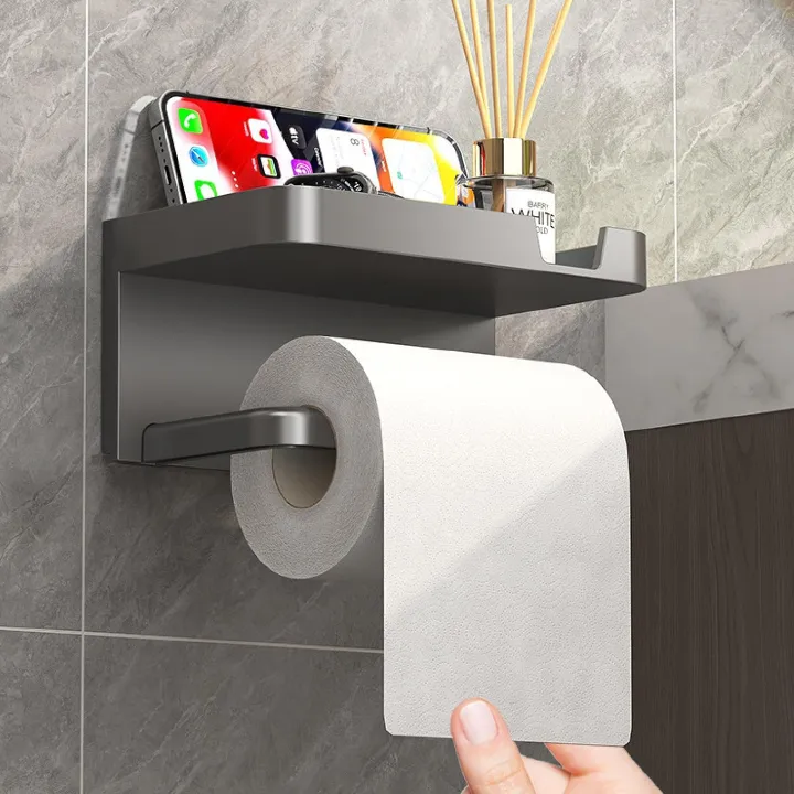 Self Adhesive Toilet Paper Holder with Phone Shelf, Wall Mounted Toilet Paper Roll Holder, Bathroom Washroom Tissue Roll Holder with Shelf, Toilet Paper Roll Dispenser