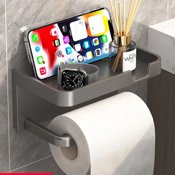 Self Adhesive Toilet Paper Holder with Phone Shelf, Wall Mounted Toilet Paper Roll Holder, Bathroom Washroom Tissue Roll Holder with Shelf, Toilet Paper Roll Dispenser