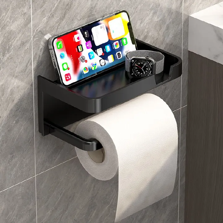 Self Adhesive Toilet Paper Holder with Phone Shelf, Wall Mounted Toilet Paper Roll Holder, Bathroom Washroom Tissue Roll Holder with Shelf, Toilet Paper Roll Dispenser
