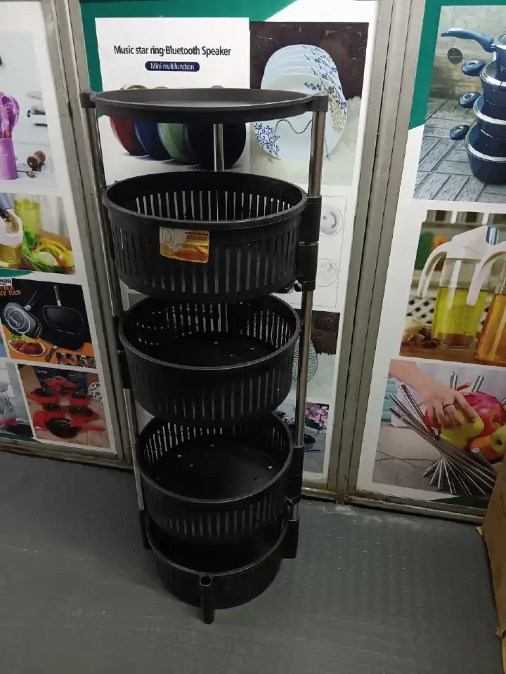 4-Tier Metal Round Rotating Vegetable Storage Tower Unit Shelves Rack Organizer Baskets on Wheels in Kitchen Household Corner for Fruits Grocery Corns Potatoes,Detachable Baskets