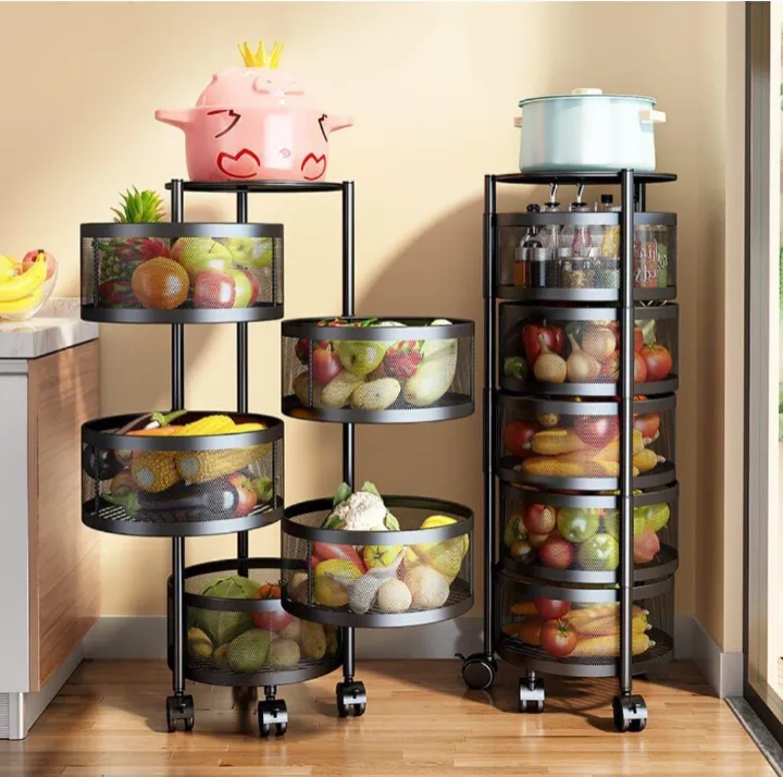 4-Tier Metal Round Rotating Vegetable Storage Tower Unit Shelves Rack Organizer Baskets on Wheels in Kitchen Household Corner for Fruits Grocery Corns Potatoes,Detachable Baskets