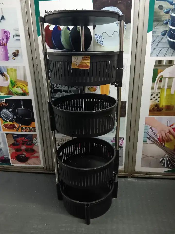 4-Tier Metal Round Rotating Vegetable Storage Tower Unit Shelves Rack Organizer Baskets on Wheels in Kitchen Household Corner for Fruits Grocery Corns Potatoes,Detachable Baskets