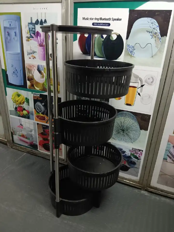 4-Tier Metal Round Rotating Vegetable Storage Tower Unit Shelves Rack Organizer Baskets on Wheels in Kitchen Household Corner for Fruits Grocery Corns Potatoes,Detachable Baskets