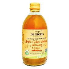 De Nigris Organic Apple Cider Vinegar
with Honey & Ginger
Organic, raw, unfiltered Apple Cider Vinegar with a 10% blend of Honey and Ginger.