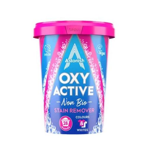 Astonish Oxy Active Non Bio Fabric Stain Remover 600g- its active formula neutralizes serious impurities Also, the product removes unpleasant odors and can lighten fabrics.