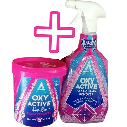 Fabric Stain Remover For Clothes Bundle - Set Includes Astonish Oxy Active Stain Remover Spray (750ml) and Oxy Active  Non-Bio Stain Remover Powder (600G)