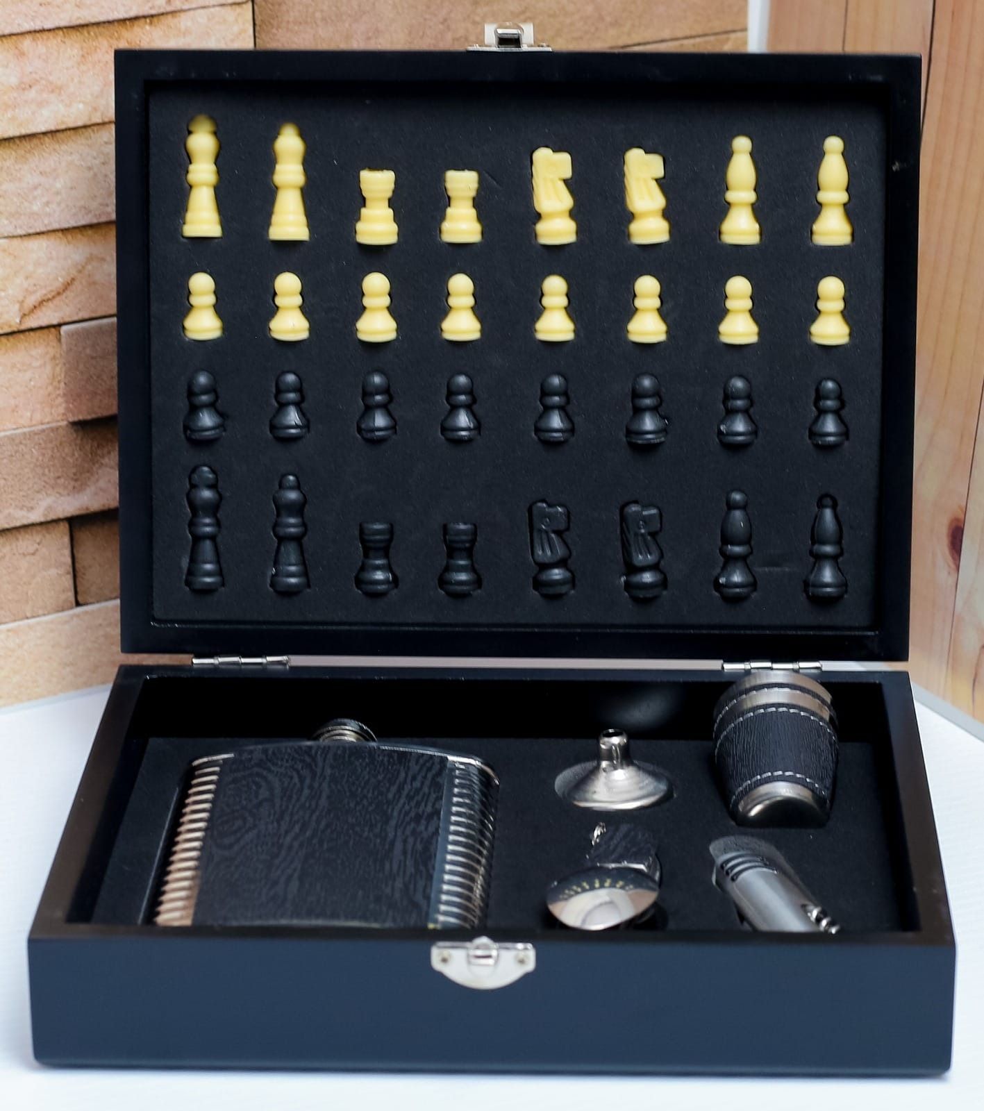 Hip Flask Gift Set with Chess & Chess Play Set in wood board case