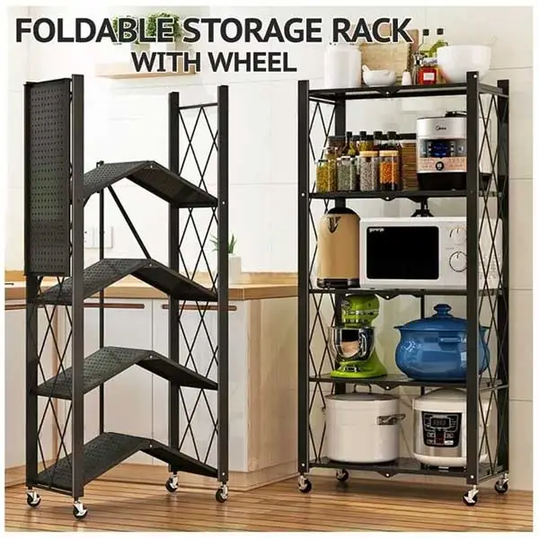 4 Tier Foldable Kitchen Metallic Storage Rack With Wheels