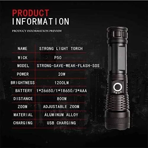 Super Bright LED Zoom Flashlight Torch Usb Rechargeable Waterproof Lamp