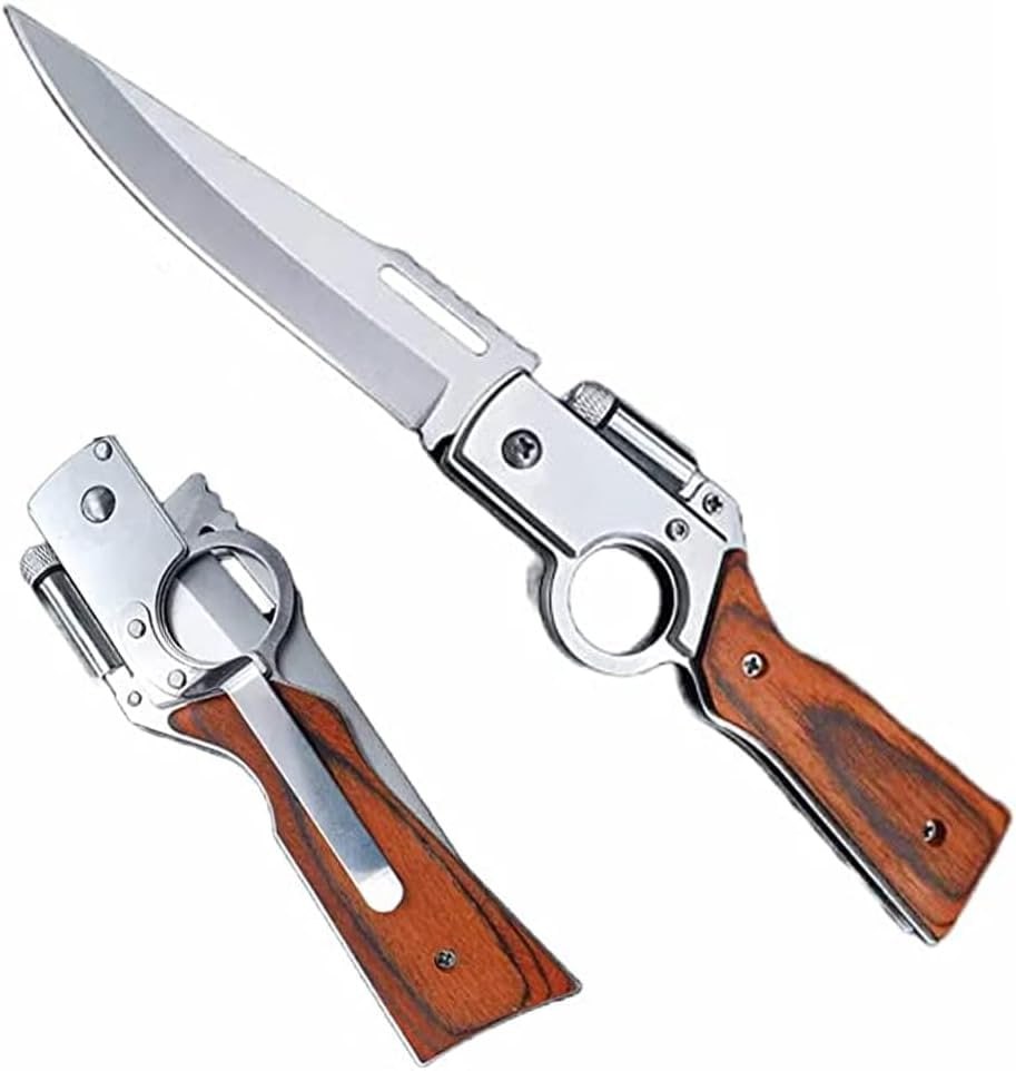 AK47 Flipper Pocket Folding Knife Push Button Lock Knife, Stainless Steel Blade, Wooden Handle and Pocket Clip, Protable Knife with LED Light for Men's Gift, Camping Survival EDC Knives