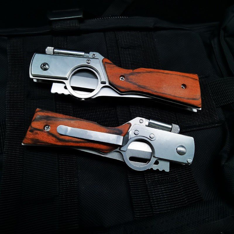 AK47 Flipper Pocket Folding Knife Push Button Lock Knife, Stainless Steel Blade, Wooden Handle and Pocket Clip, Protable Knife with LED Light for Men's Gift, Camping Survival EDC Knives