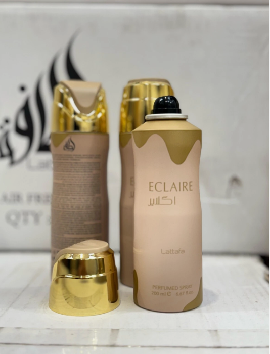 Lattafa Eclaire Sweet gourmand with caramel, milk, sugar, honey, white flowers, vanilla, praline, and musk 200 ml Body Spray for Women