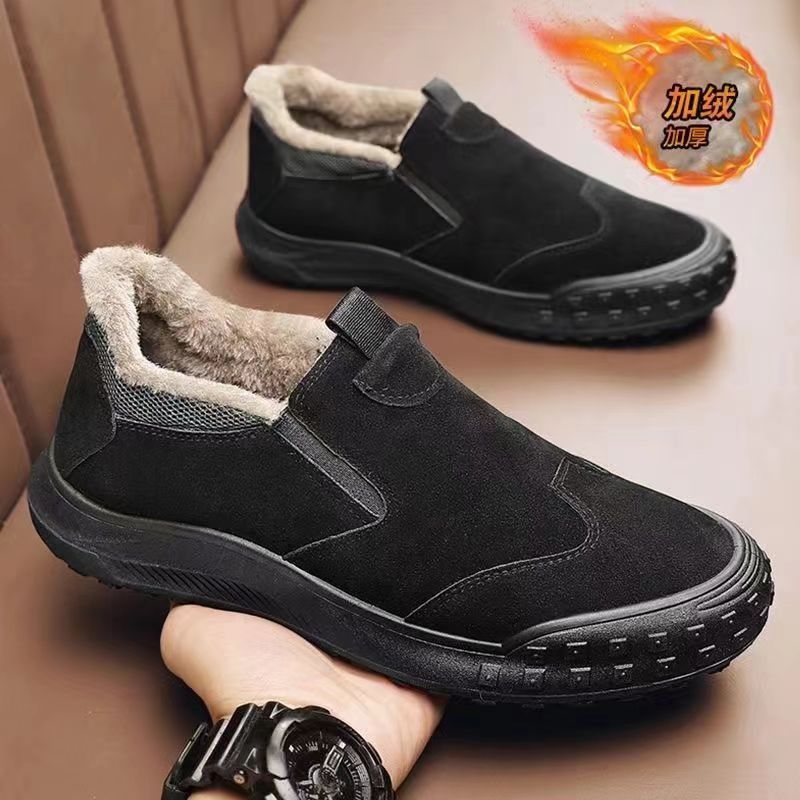 Men's Plush and thickened fashion Slip Resistatnt Work Sneaker Casual Loafers Leather Slip-on Walking Shoes for Men