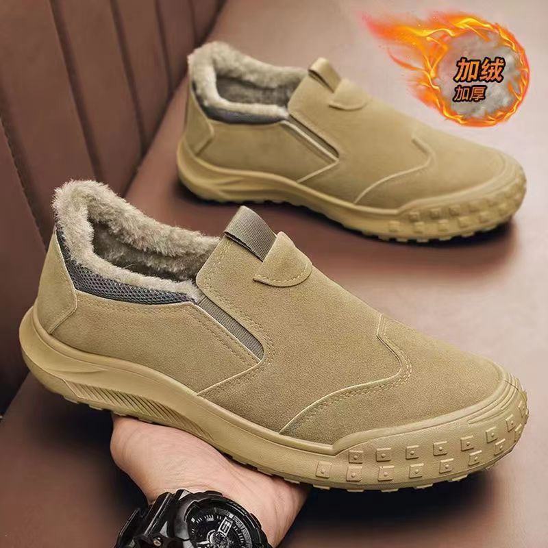 Men's Plush and thickened fashion Slip Resistatnt Work Sneaker Casual Loafers Leather Slip-on Walking Shoes for Men