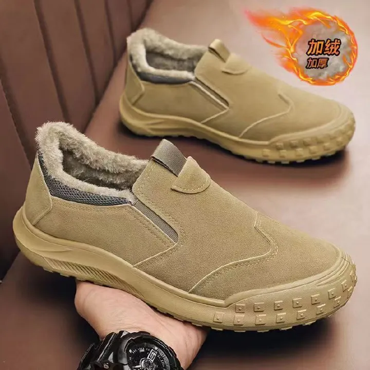 Men's Plush and thickened fashion Slip Resistatnt Work Sneaker Casual Loafers Leather Slip-on Walking Shoes for Men