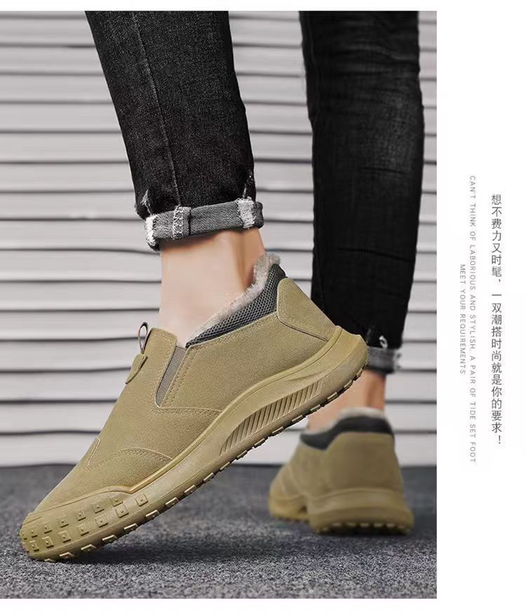 Men's Plush and thickened fashion Slip Resistatnt Work Sneaker Casual Loafers Leather Slip-on Walking Shoes for Men