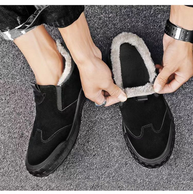 Men's Plush and thickened fashion Slip Resistatnt Work Sneaker Casual Loafers Leather Slip-on Walking Shoes for Men