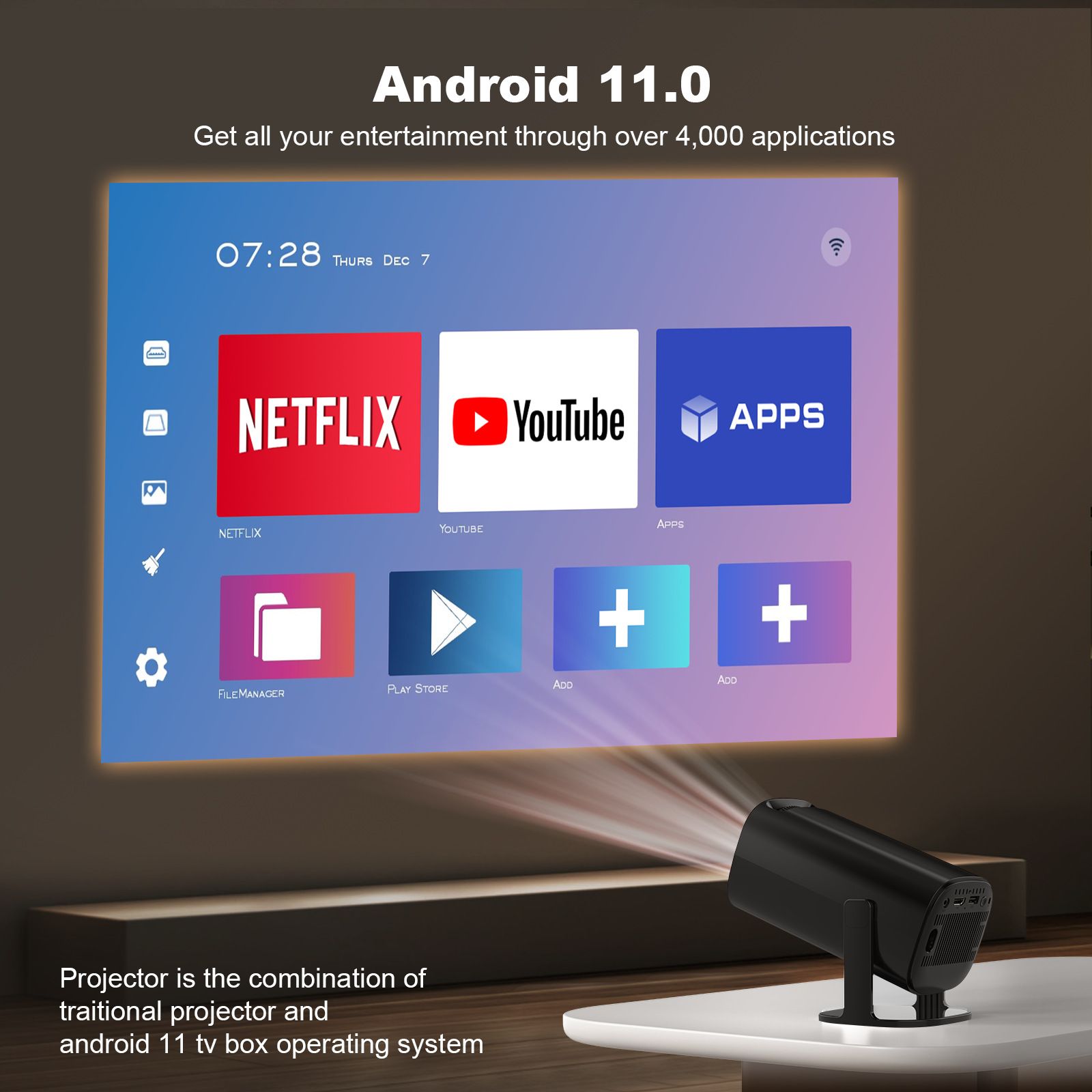 New 2024 4K Android 11 Dual Wifi6 200 ANSI Allwinner H713 BT5.0 1080P 1280*720P Home Cinema Outdoor portable Projetor