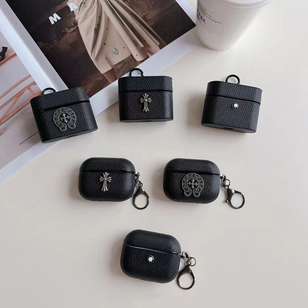 Texture Black with  logo Hard Shell for AirpodsPro Airpodspro2 Airpods3 2 Men's Headphone Case with Keychain