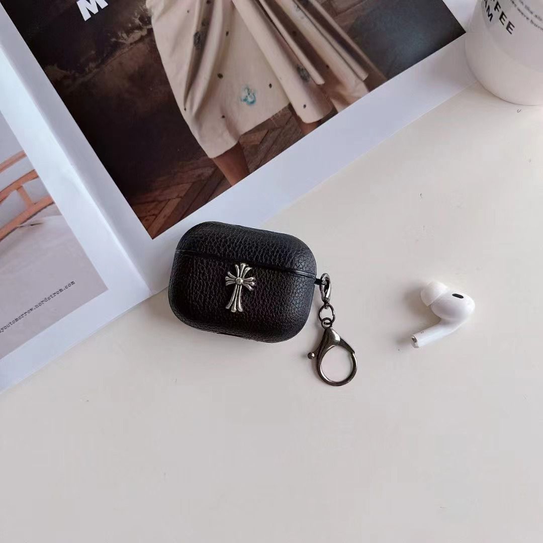 Texture Black with  logo Hard Shell for AirpodsPro Airpodspro2 Airpods3 2 Men's Headphone Case with Keychain