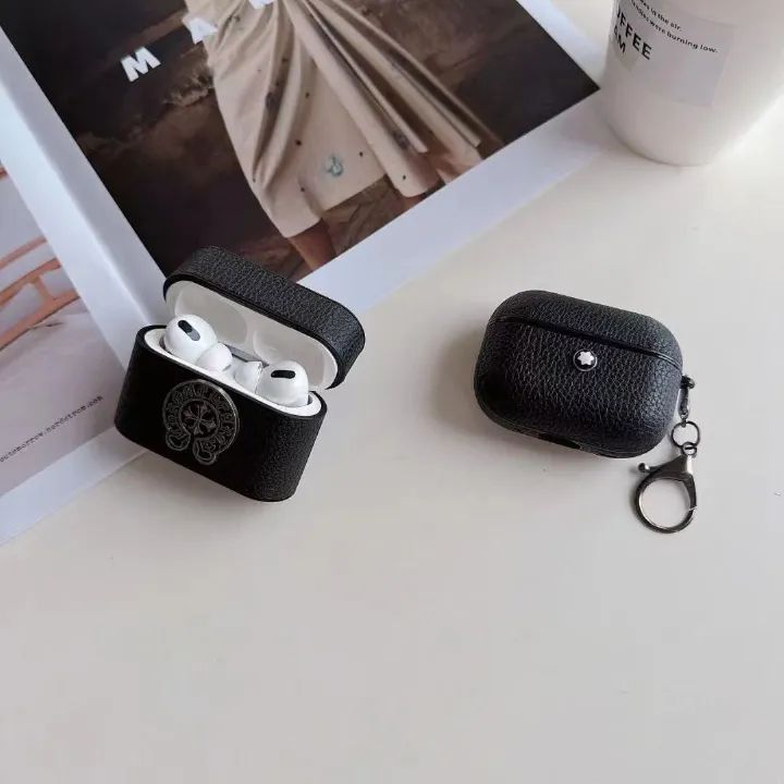 Texture Black with  logo Hard Shell for AirpodsPro Airpodspro2 Airpods3 2 Men's Headphone Case with Keychain