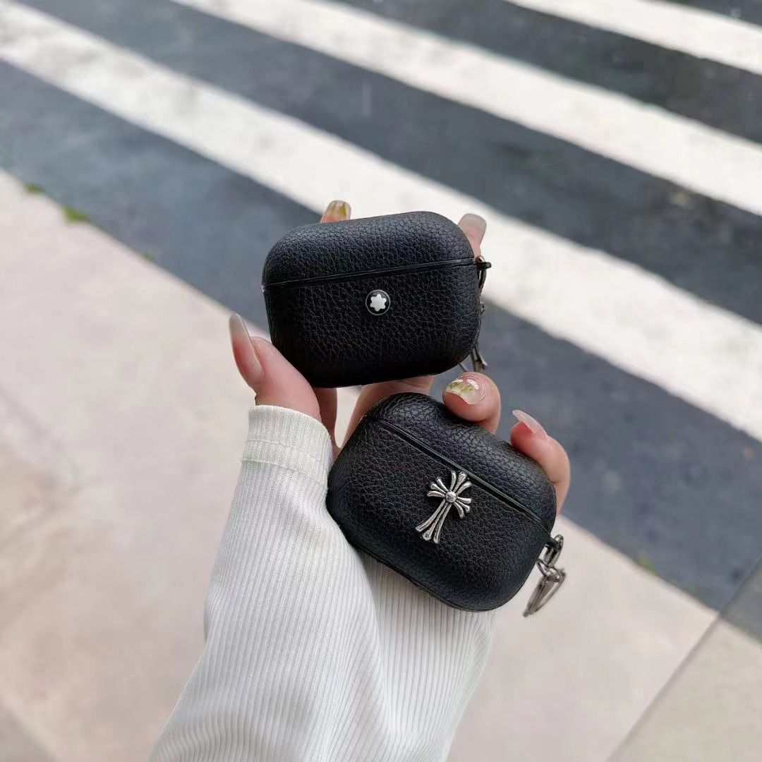 Texture Black with  logo Hard Shell for AirpodsPro Airpodspro2 Airpods3 2 Men's Headphone Case with Keychain