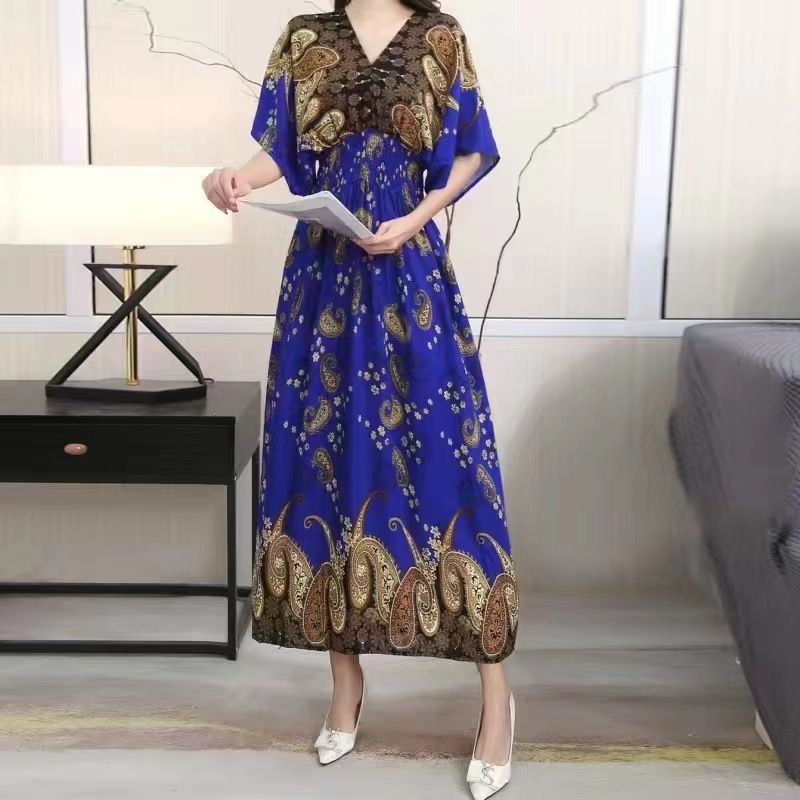Boho Floral V-neck Long Maxi Dress for Women 2025 Summer New Print Ethnic Korean Style Cotton Beach Holiday Vestidos Robe