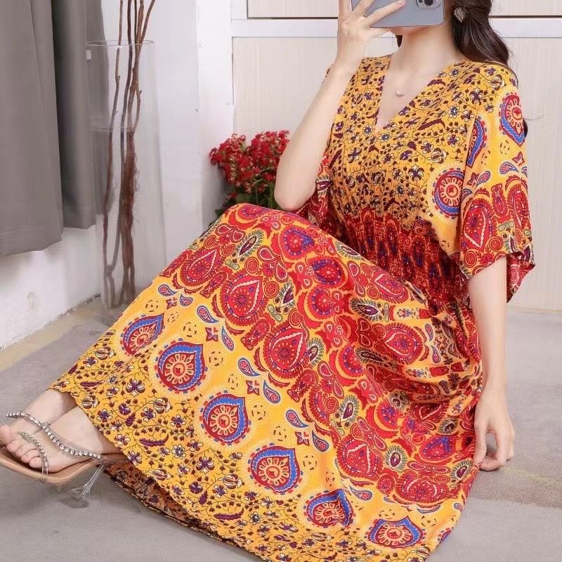 Boho Floral V-neck Long Maxi Dress for Women 2025 Summer New Print Ethnic Korean Style Cotton Beach Holiday Vestidos Robe