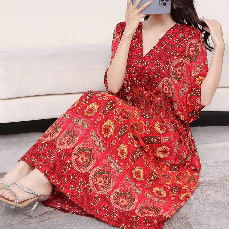 Boho Floral V-neck Long Maxi Dress for Women 2025 Summer New Print Ethnic Korean Style Cotton Beach Holiday Vestidos Robe