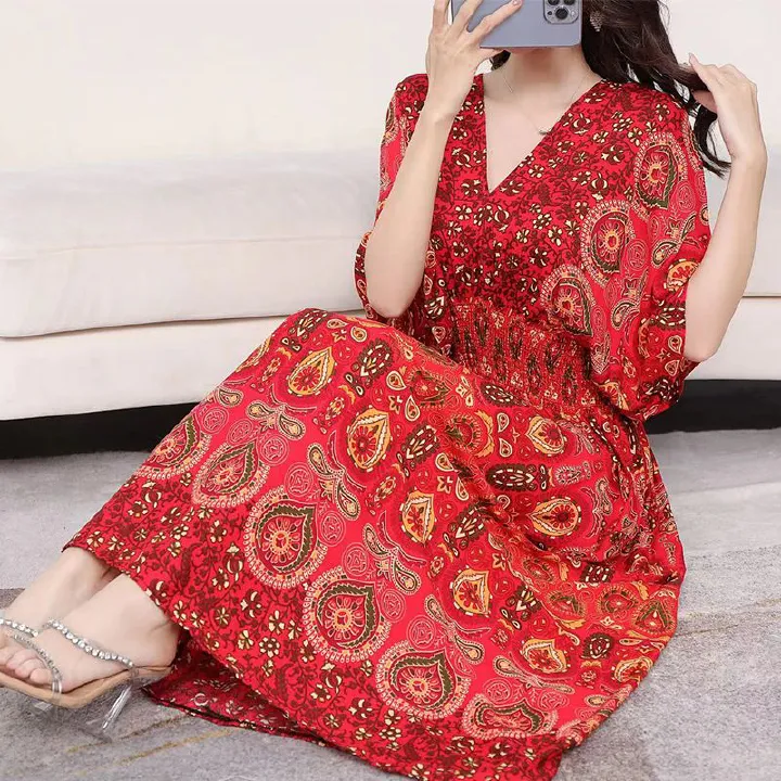 Boho Floral V-neck Long Maxi Dress for Women 2025 Summer New Print Ethnic Korean Style Cotton Beach Holiday Vestidos Robe