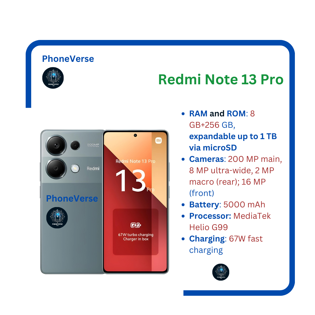 New Arrival XIAOMI Redmi Note 13 Pro 8GB RAM+256GB 6.67" Display Dual SIM Phones 200MP Camera IP54 dust and splash resistant Gorilla Glass 5 5000mAh Battery 67W Charging Android 13 Smart Phones