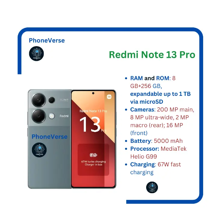 New Arrival XIAOMI Redmi Note 13 Pro 8GB RAM+256GB 6.67" Display Dual SIM Phones 200MP Camera IP54 dust and splash resistant Gorilla Glass 5 5000mAh Battery 67W Charging Android 13 Smart Phones