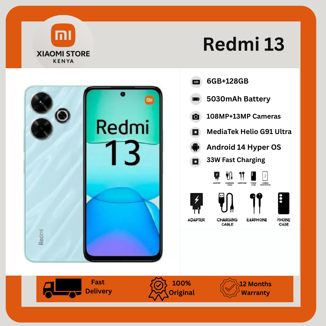 [New Arrival] XIAOMI Redmi 13 6GB+128GB 6.79" 90Hz Display 108MP Camera MTK Helio G91 Ultra 5030mAh Battery 33W Charge IP53 Dust/Water Resistant Android Smart Phones FingerPrint Unlock