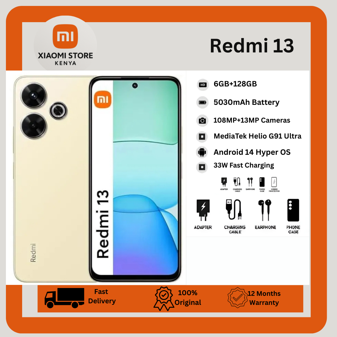[New Arrival] XIAOMI Redmi 13 6GB+128GB 6.79" 90Hz Display 108MP Camera MTK Helio G91 Ultra 5030mAh Battery 33W Charge IP53 Dust/Water Resistant Android Smart Phones FingerPrint Unlock