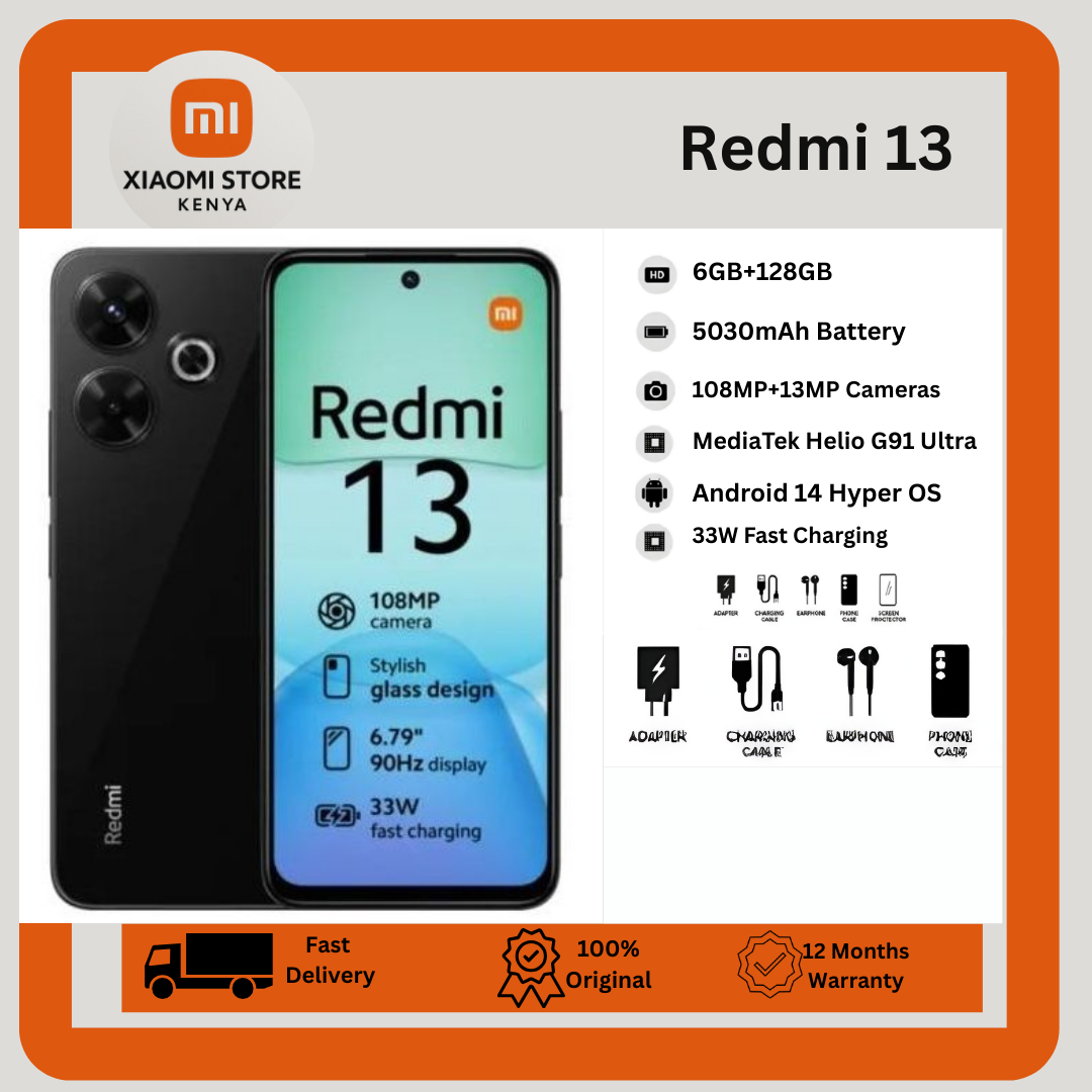 [New Arrival] XIAOMI Redmi 13 6GB+128GB 6.79" 90Hz Display 108MP Camera MTK Helio G91 Ultra 5030mAh Battery 33W Charge IP53 Dust/Water Resistant Android Smart Phones FingerPrint Unlock